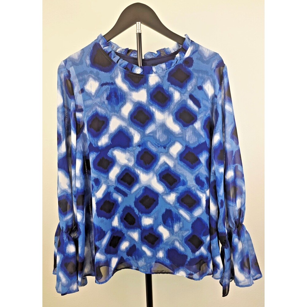 CURATIONS NWT Chiffon Blouse Blue White Ikat Dye Geometric Top Ruffle Lined SZ M